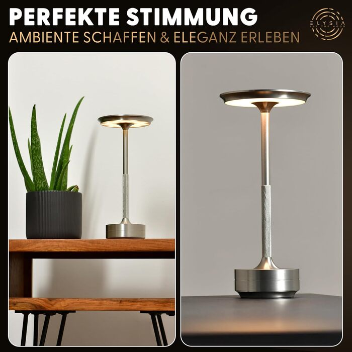 Світлодіодна настільна лампа ELYSIA з акумулятором, димується, бездротова, сенсорна, для дому та вулиці (IP54), тепле світло (2200K-2700K-3200K), USB-C, алюмінієва (срібна)