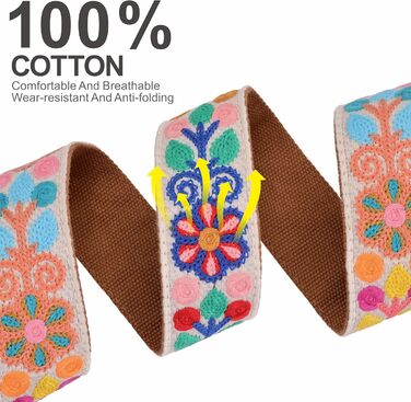 Гітарний ремінь 5,1 см з бавовни з шкіряними кінцями для бас, електро- та акустичних гітар (Квіткова візерунок 01)