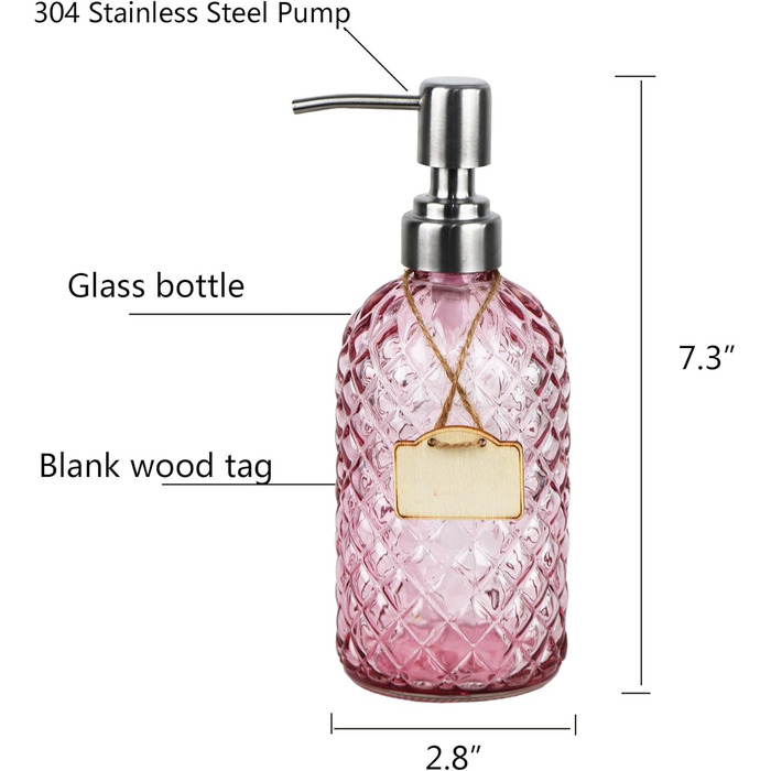 Дозатор мила для ванної кімнати та кухні зі скла та нержавіючої сталі 304 (Рожевий)