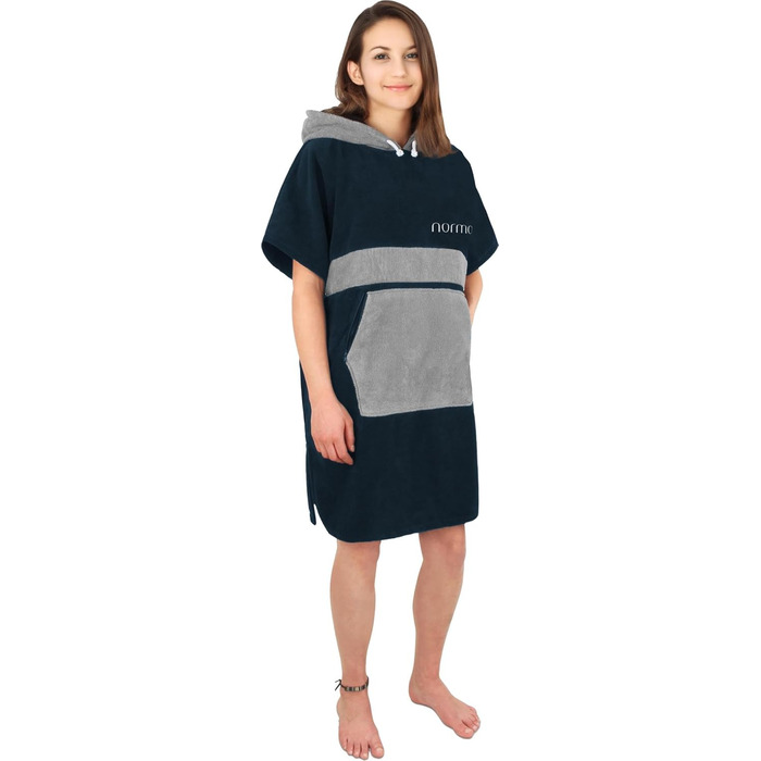 Normani Cotton Surfer Poncho - Beach Poncho - Towel Poncho - Unisex Changing Aid - Closed Robe for Women and Men Color Navy/Gray Size L-XL