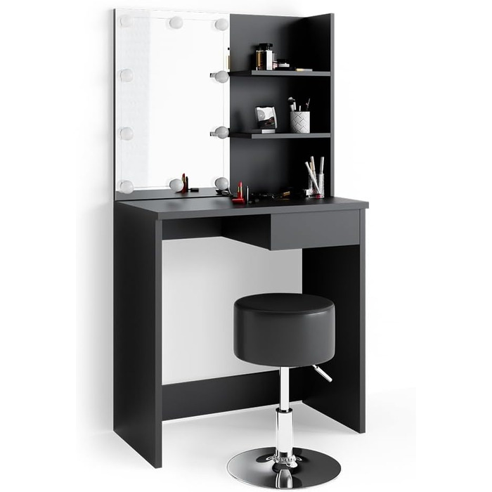 Vicco Vanity Table Decor, Black, 75 cm with LED Lighting and Stool
