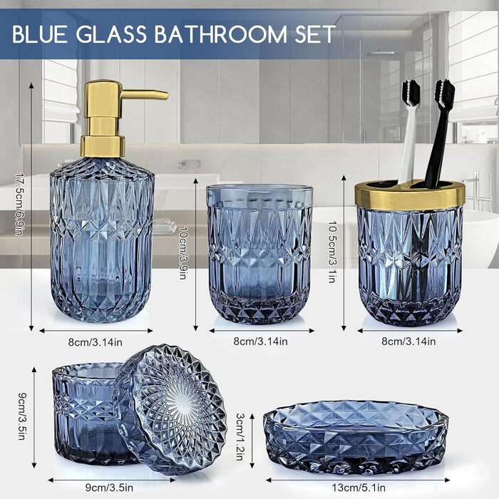 Набір для ванної кімнати скляний 5 предметів Lotionspender синій - розкішний органайзер для ванної (мильниця, стаканчик, тримач для зубних щіток)