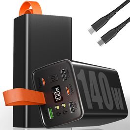 Портативний акумулятор 140W 70000mAh з 5 виходами USB-C, PD3.1, QC4.0, LED-дисплеєм, ліхтариком, для ноутбука, телефону, планшета, подорожей, кемпінгу, чорний