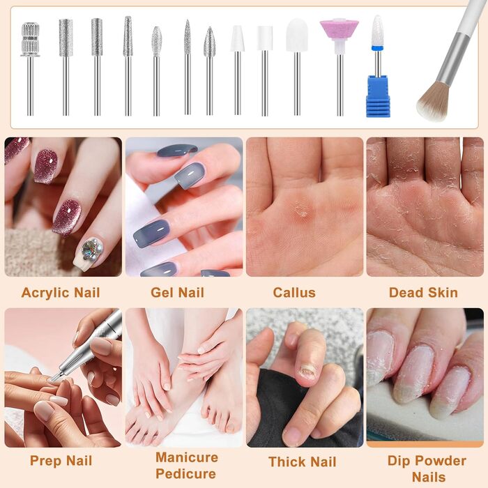 Професійна електрична нігтьова пилка 45000 об/хв для гелевих та акрилових нігтів з LCD-дисплеєм, системою фіксації насадок, набором для манікюру та педикюру для дому та салонів (Білий)