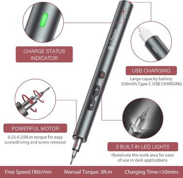 LOFICOPER Міні електричний набір викруток 28 в 1 з LED, USB-C, для ремонту ноутбуків та годинників (сірий)