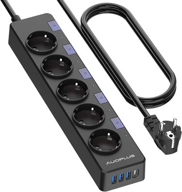 Мережевий фільтр Steckdoseleiste з індивідуальним керуванням, 5 розеток, 1 USB-C та 3 USB-A, захист від перенапруги (3680W/16A), дитячий замок, 3M кабель, чорний