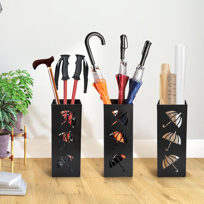 Metal Umbrella Stand - Square Design for Entryway - 16x16x42cm - Black