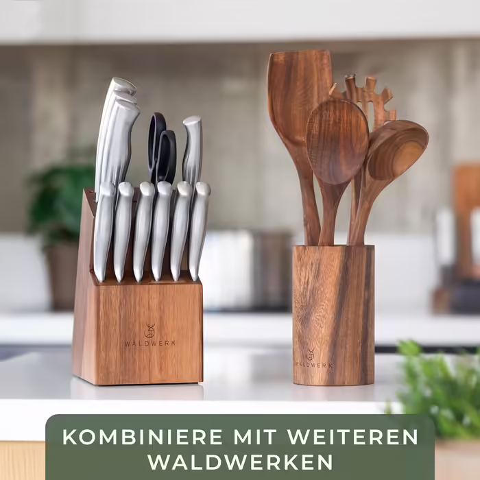 WALDWERK Kitchen Helper Set made of Teak Wood - 4-Piece Cooking Spoon Set with Spatula, Wooden Spoon, Pasta Server, and Holder - Wooden Cooking Spoon - Wooden Spatula - Cooking Utensil Set