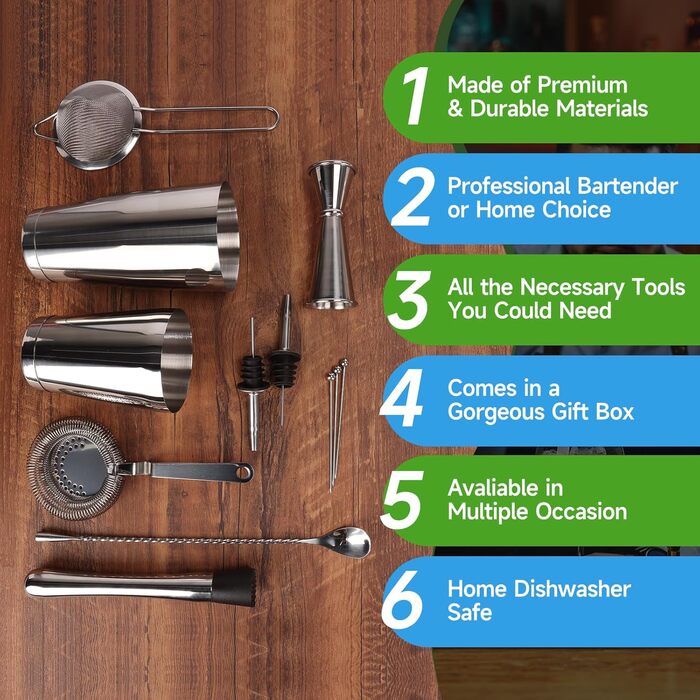 Набір для коктейлів 12 предметів: шейкер, аксесуари, професійний барний набір | Подарункова коробка