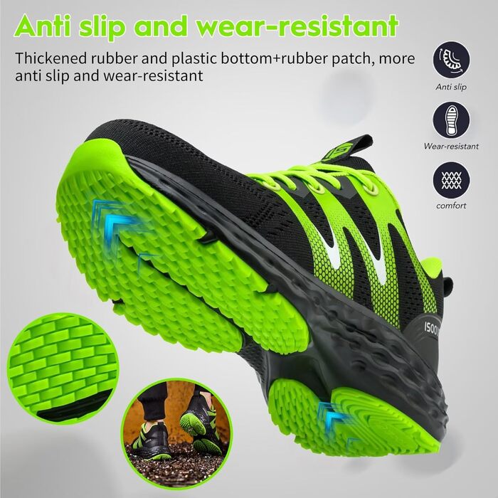 Черевики робочі ISOOUS для чоловіків та жінок. Безпекові черевики з металевим носком, неслизькі, дихаючі, спортивні (43 EU, Зелений)