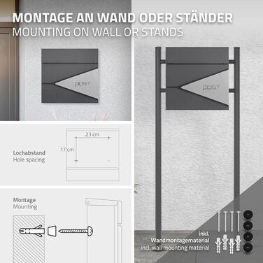 Поштовий ящик ML-Design Anthrazit/Silver, нержавіюча сталь з порошковим покриттям, 37x37 см, з газетницею, замок (2 ключі), настінний дизайнерський поштовий ящик