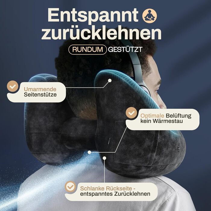 Подушка для шиї HELDENWERK® Air: 5 положень, швидке надування, регулювання тиску | Знімна капюшон | Для подорожей (автомобіль, літак) | Чорний, великий розмір