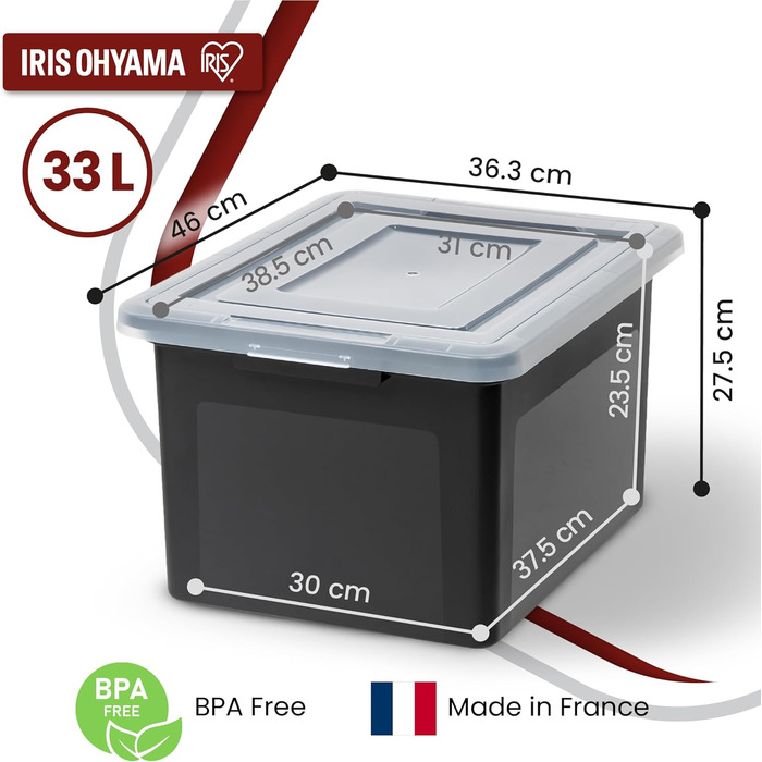 Iris Ohyama 30L Plastic Storage Boxes with Lid, 6 Large Stackable Boxes, BPA-Free, Laundry, Office, USB-M, - L42 x W35.5 x H26.5 cm (Black, 45L / 4-Piece Set)