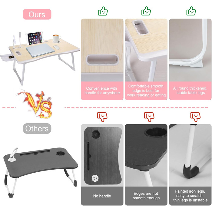 Складаний столик для ноутбука з USB-портом, білий аhorn – для їжі, читання та роботи в ліжку