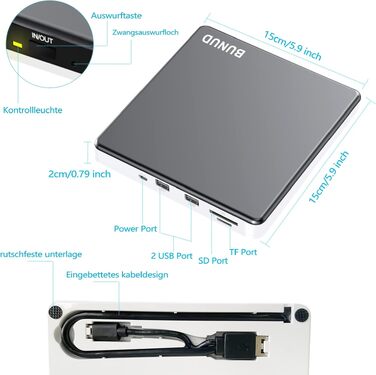 Зовнішній CD/DVD привід BUNUD для ноутбука та ПК: USB-C DVD-брунер з картридером SD/TF та 2 USB-портами для Windows 11, Mac, MacBook