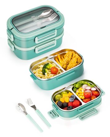 Ланчбокс Lille Home з 2 ярусами, 4 відділення, 1650 мл, з посудом, BPA-free, не протікає (Зелений)