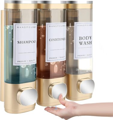 Настінний диспенсер для мила, гелю для душу та миття рук, 3 камери, ABS пластик, без свердління, для готелів та дому, 300 мл, золотий