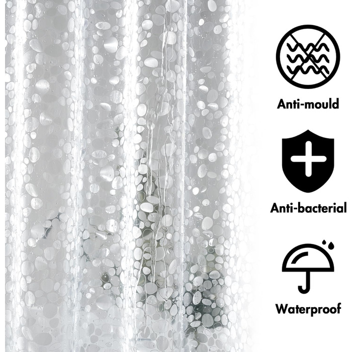 Штора для ванної MIULEE 180x180 см, прозора з 3D камінням, антигрибкова, з магнітами та кільцями (1 шт)
