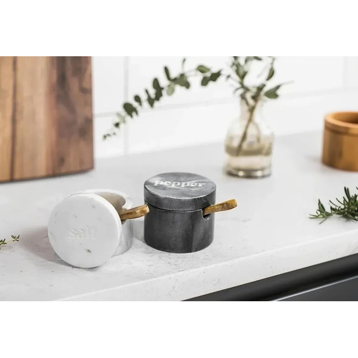 Birsppy Fair Trade Kitchen Utensils Salt and Pepper Shaker Set Marble with Spoon and Lid Salt Pot Stone