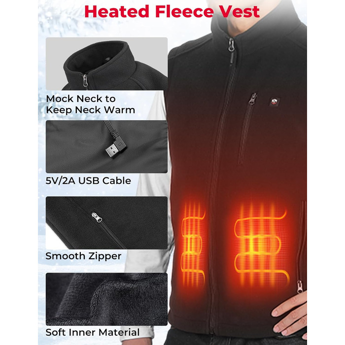 Електрична гріюча жилетка KEMIMOTO з 4 зонами нагріву, флісова жилетка USB для чоловіків та жінок, для мотоцикла, велосипеда, катання на лижах, кемпінгу, піших прогулянок (без акумулятора)