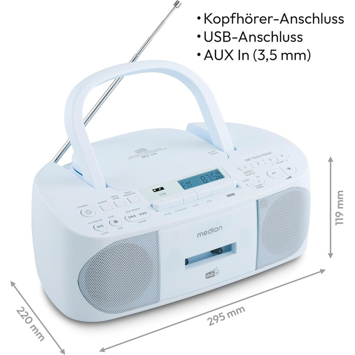 MEDION DRX-1 Plus Бумбокс: DAB+, Bluetooth, CD, MP3, касети, AUX, Stereo Sound System, зелений/блакитний