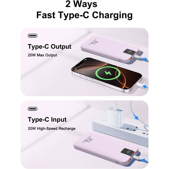 Powerbank 10000mAh 22.5W з LCD-дисплеєм, 3 виходи та 2 входи, USB C, фіолетовий