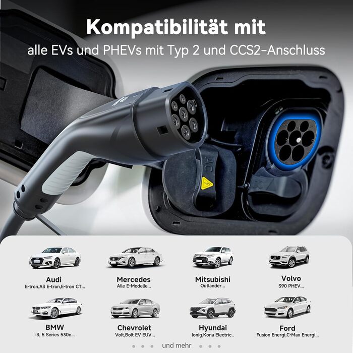 Кабель для зарядки електромобіля EVDANCE Type 2 Schuko 6.1м 3.68kW з OLED дисплеєм 6-16A для PHEV/EV - Чорний