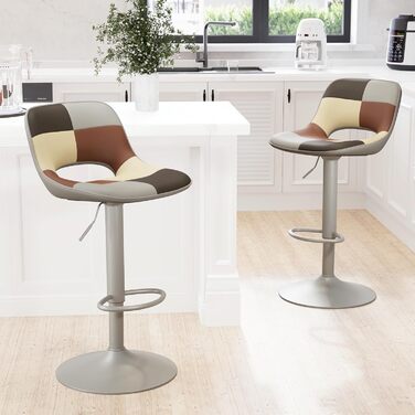 YOUNIKE 2-Piece Adjustable Bar Stools - Boho Patchwork Design - Swivel Kitchen Bar Chairs with Hollow Backrest - Yellow Green (Gray Beige)