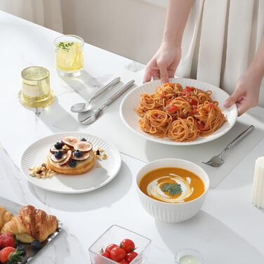 Набір посуду Malacasa Leila для 6 осіб, 24-елементний сервіз з порцеляни з ручним рельєфним дизайном, білий. Підходить для мікрохвильової печі та мийки посуду.