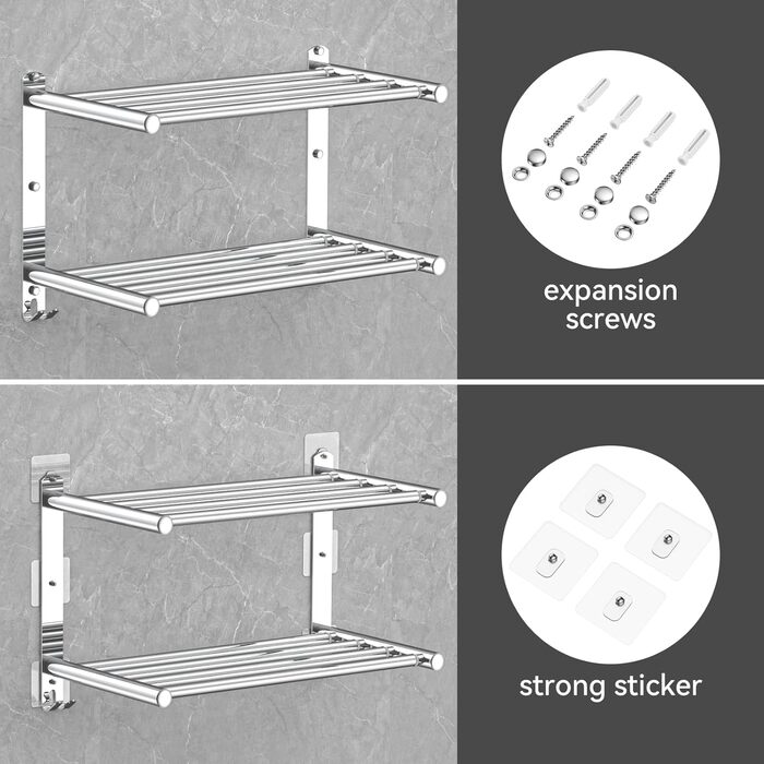 Adjustable 17-30 Inch Towel Bar for Bathroom Kitchen Towel Holder Dishcloth Hanger SUS304 Stainless Steel Wall Mount No Drill (Double Layer Towel Holder)