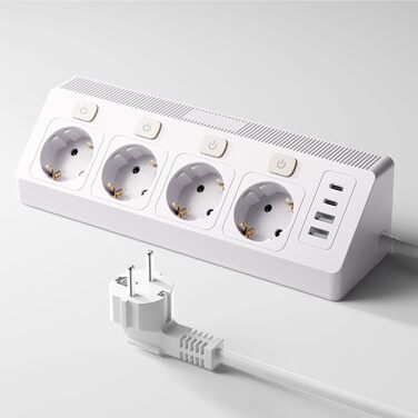 Розетка кутова з 2 USB та 2 Type-C, 16A/3840W, настінна, з кабелем 2м, для офісу, кухні та вітальні, біла
