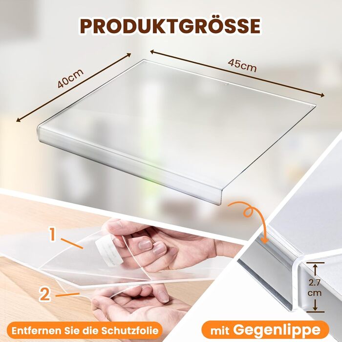 Gracenal Acrylic Cutting Board, Cutting Board, 45x40cm Large Cutting Board Non-Slip with Lip, Cutting Board Glass Alternatives Kitchen Board Transparent, Gift Kitchen Kitchen Utensils, Kitchen Gadgets