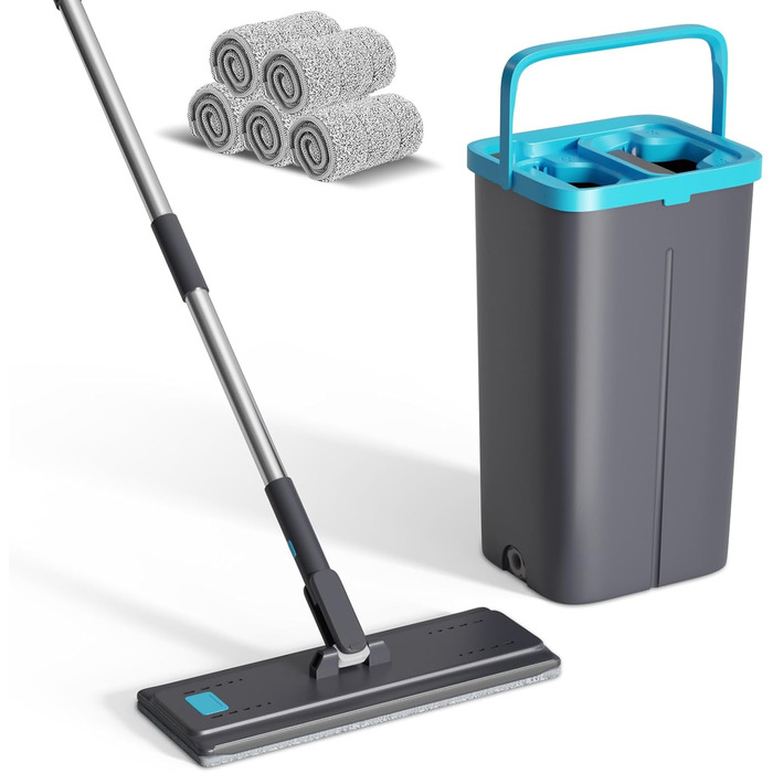 Набір для миття підлоги Wischmopp з відром, мікрофібра, віджимний механізм, 2 в 1, регульована ручка, 6 мікрофібрових насадок, сірий + блакитний
