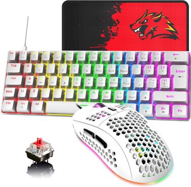 Ігрова клавіатура та миша UK-Layout з підсвічуванням RGB, 62 клавіші, механічна, 6400 DPI (чорний/червоний перемикач)