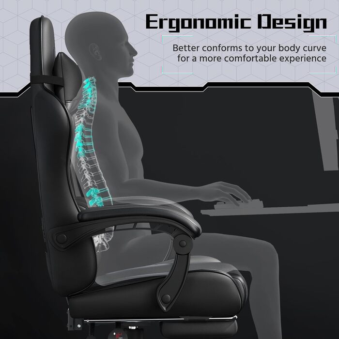 Ігрове крісло Yaheetech Ergonomic Gaming Chair з функцією масажу, підставкою для ніг та регулюванням спинки 90-135°, офісне крісло для геймерів та дому, чорне