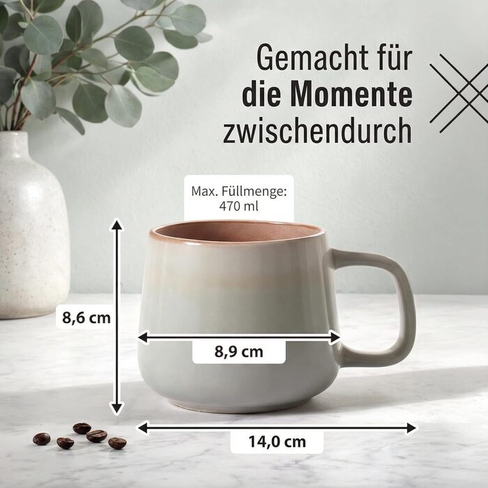 Набір керамічних кавових чашок 4 шт, 470 мл – чашки з фаянсу у скандинавському стилі – великі кавові чашки, чашки для чаю та напоїв – для кави та чаю – підходять для мікрохвильової печі та миття в посудомийній машині, сірий колір