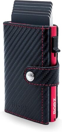 Крутий чохол-картхолдер BORZ Prime для AirTag з відділенням для монет, цифровою візитною карткою, захистом RFID, карбоном та червоною строчкою. Slim, шкіряний, з червоною строчкою.