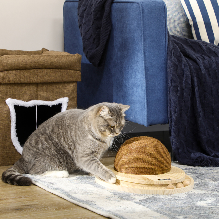 PawHut Interactive Cat Toy 2-in-1 Scratching Post with Scratching Board and Ball Track made of Jute and Pine Wood in Natural and Coffee 39.5x32.5x14.5 cm