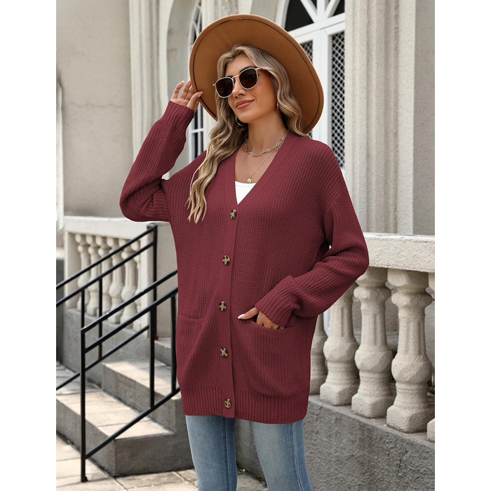 Жіноча в'язана жилетка Zeagoo з довгим рукавом, кардиган з ґудзиками, вільний V-подібний виріз, груба в'язка, повсякденна куртка для осені та зими (Бордовий, L)
