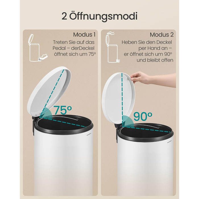 Сміттєвий відер SONGMICS для кухні з кришкою та системою Soft-Close, білий, 30 л