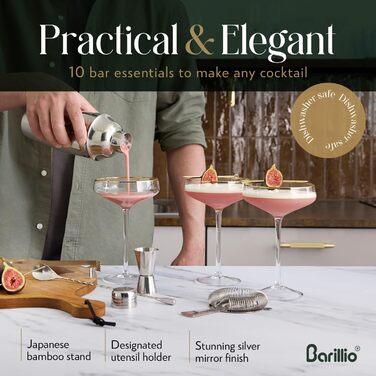 Набір для бармена Barillio: шейкер, мікшер, аксесуари, бамбукова підставка, рецепти коктейлів (срібло)