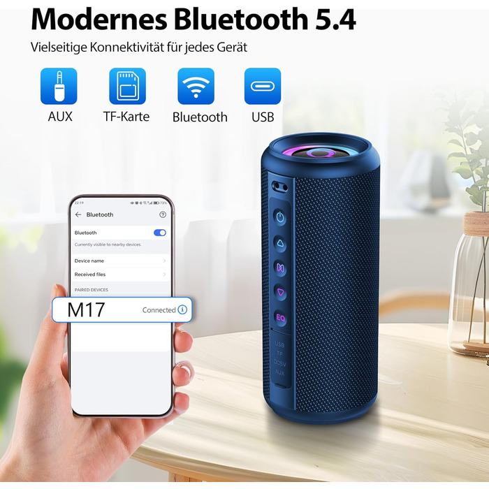 Bluetooth колонка 2026 з RGB підсвіткою, портативна водонепроникна (IPX7) колонка Bluetooth 5.4 з мікрофоном для подорожей, саду та активного відпочинку (Синій)