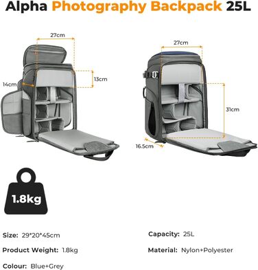 Рюкзак для фотокамери K&F Concept Alpha, 25L, чорний, з відділенням для 16-дюймового ноутбука, сумісний з Canon/Nikon/Sony/DJI Mavic