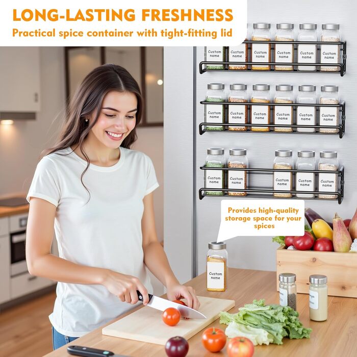 Спеція органайзер з 24 скляними баночками та етикетками, без свердління, настінний, підходить для стін та шаф, комплект з 4 шт.