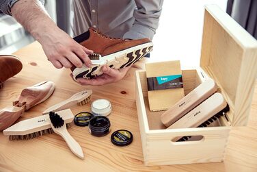 Kaps Complete Shoe Cleaning and Care Set | 9-Piece Shoe Care Set for Leather Boots and Shoes | Shoe Cleaning Kit Packaged in a Wooden Gift Box