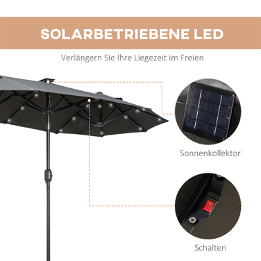 Сонцезахисний парасолька Outsunny Doppelsonnenschirm, 295 x 219 см, парасолька з LED-підсвічуванням, овальна, вітростійкий садовий парасоль, стабільний, парасолька для ринку з регульованим кутом нахилу для тераси, басейну, поліестер, сталь, темно-сірий | 