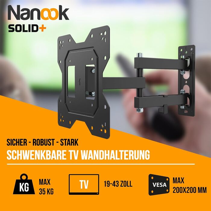 Настінний кронштейн для ТБ Nanook SOLID+ поворотний та нахильний, для телевізорів 40-77 дюймів, VESA 600x400, витримує до 45 кг, універсальний