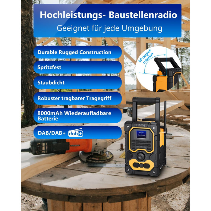 Радіо для будівельного майданчика DAB+ FM з Bluetooth 5.0, 16W стерео, акумулятор 8000mAh (18h), USB зарядка, Aux, вологозахист, пилозахист (жовто-чорне)