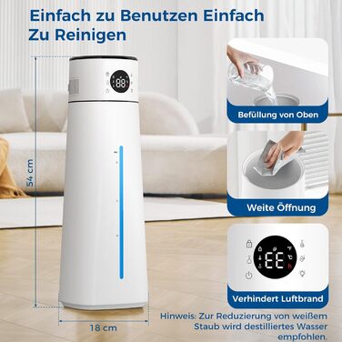 Зволожувач повітря для спальні, 4л, тихий ультразвуковий, з поворотною на 360° форсункою, пультом дистанційного керування, автоматичним вимкненням, 40 годин роботи, таймером, для дитячої кімнати, офісу, рослин