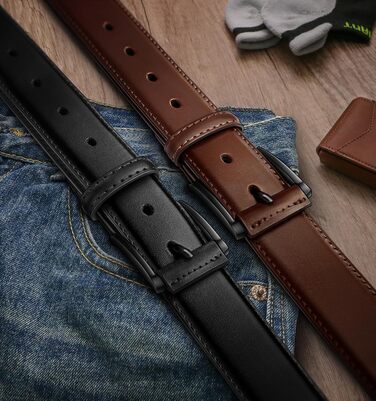 Чоловічий ремінь KEMISANT 2 шт. – шкіряний ремінь для чоловіків, повсякденний, для гольфу, до джинсів, 3,5 см, 2 шт. в упаковці, чорний/кавовий, розмір 63-110 см